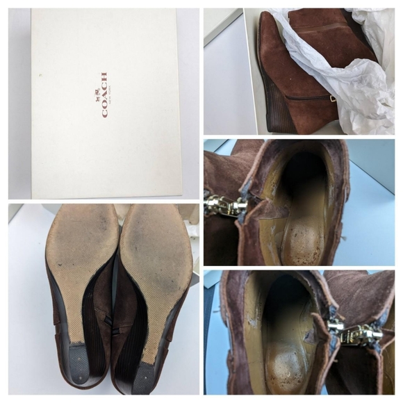 Coach Mahogony Maya Suede Polished Calf Wooden Wedge Heel Ankle Booties - Picture 8 of 8
